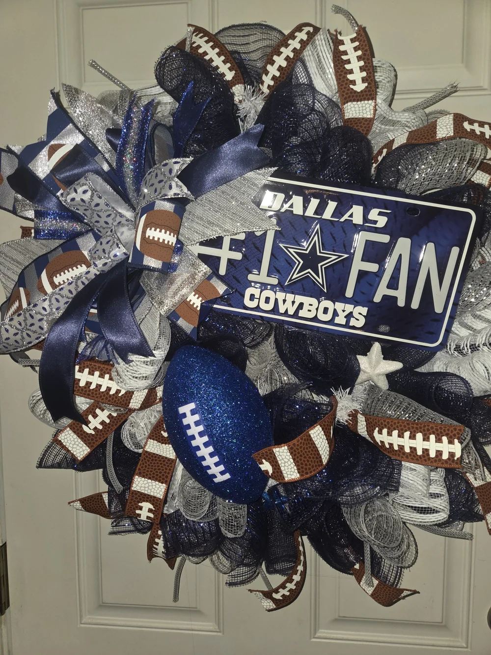 NFL Dallas Cowboys Navy Blue, Silver & Brown Football Fan Wreath